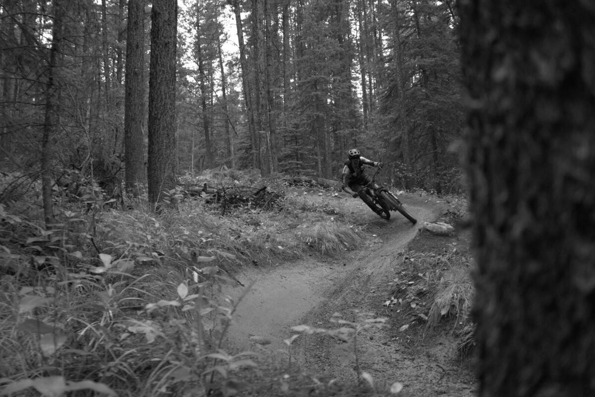 mountain biker cornering on a forest singletrack, dust kicking up